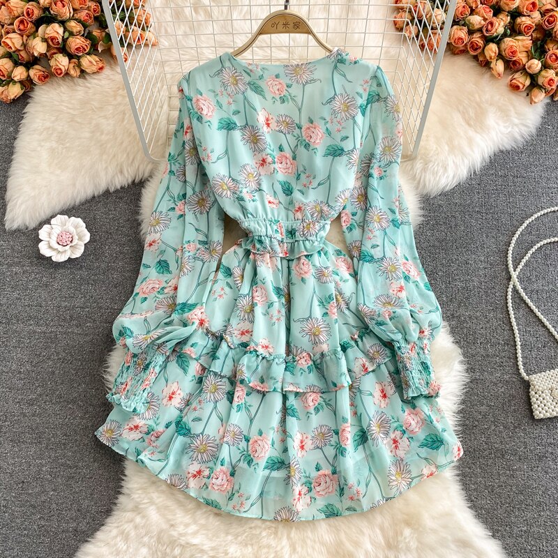 Women's Green/Purple/Beige Floral Chiffon Dress Bohemian V-Neck Lantern Long Sleeve High Waist Ruffle Vestidos Female New
