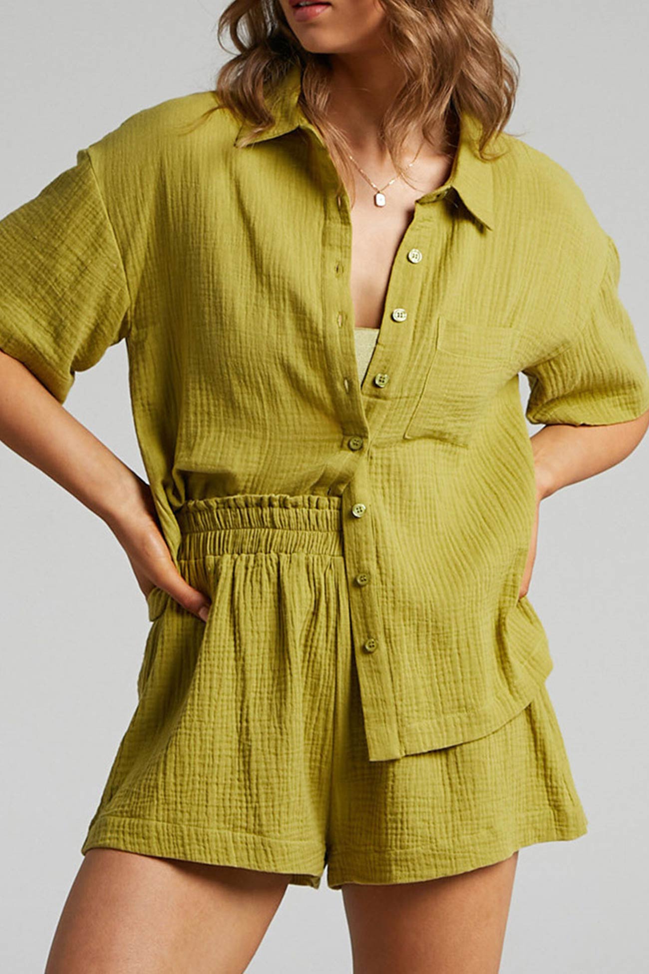 Maxct Solid Color Short Sleeve Shirt Cotton Two-piece Shorts Set