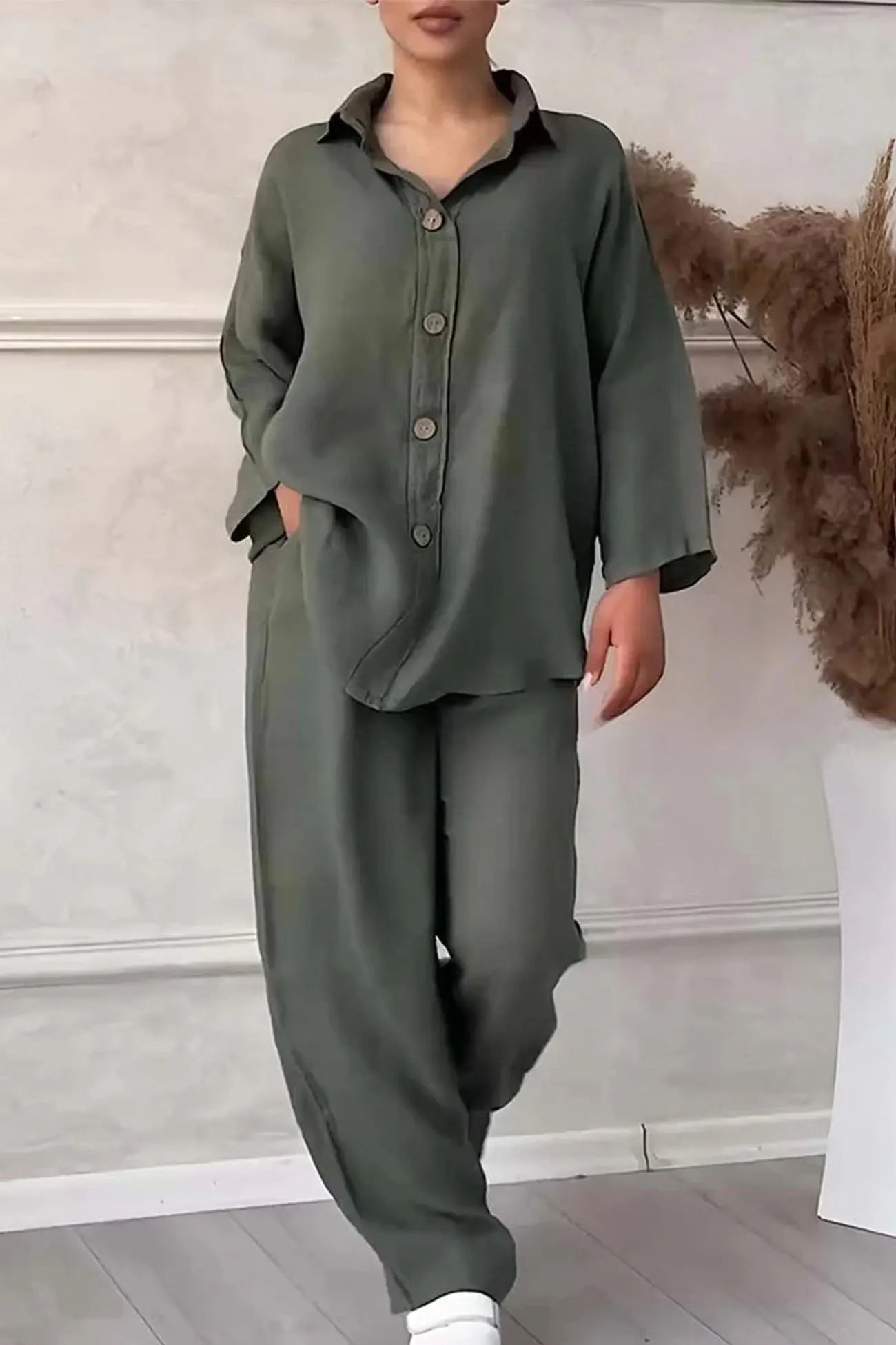 Maxct Solid Color Lapel Button Down Wide Leg Pants Set