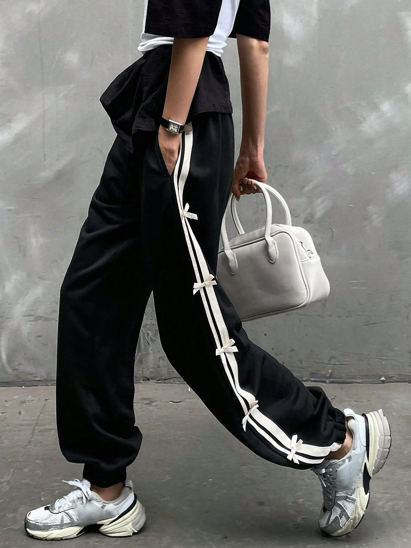 Maxct Elastic Waist Decorated Long Harem Pants With A Loose Fit And Woven Ribbon Bow For Women