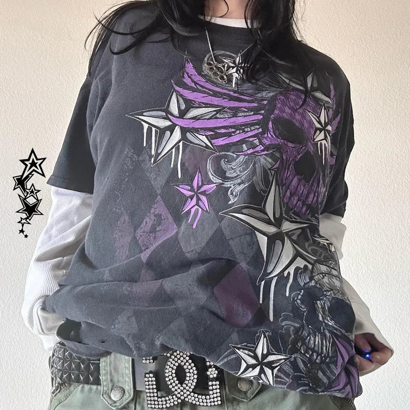 Maxct Japanese Edgy 00s Retro Gothic Emo T-shirt Cyber Y2K Grunge Mall Goth Top Patchwork Full Sleeve Baggy Pullovers Tees