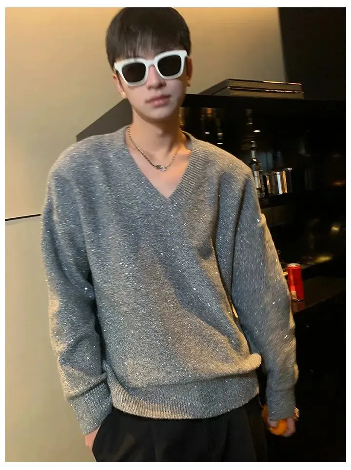 Maxct Gray V-neck Sequined Sweater