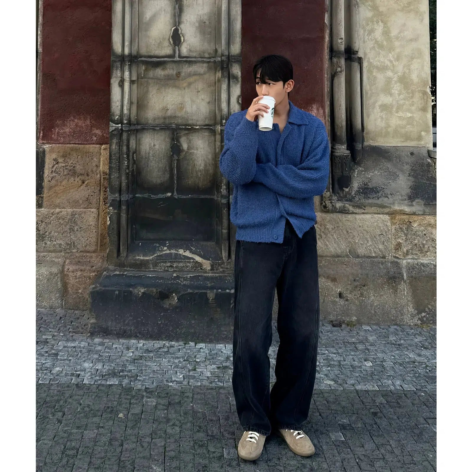 Maxct Dark Blue Lapel Sweater Cardigan