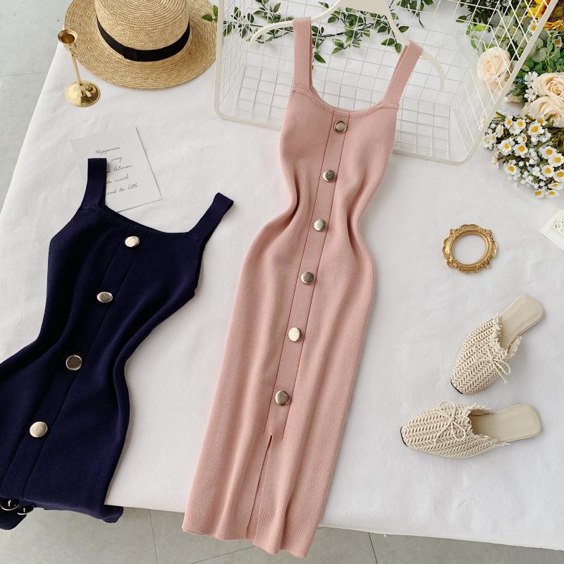 Summer Pink/Red/White/Black Women Knitted Dress Vintage High Waist Button Single-breasted Slim Casual Dress For Female New