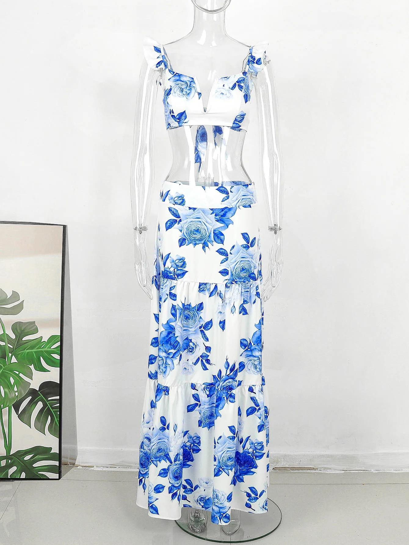 Maxct Summer Two Pieces Long Dress Women V-Neck Ruffles Beachwear Blue Floral Print White Beach Dresses Elegant Bodycon Vestidos
