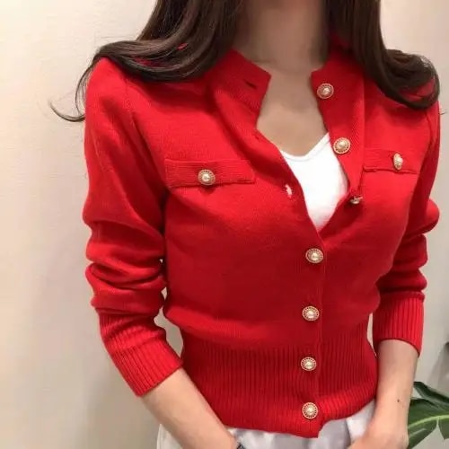 Maxct Women O-Neck Knitted Full Sleeve Cropped Buttons Slim Sweaters Cardigans Lady Single-breasted Sweater Crop Tops for Female