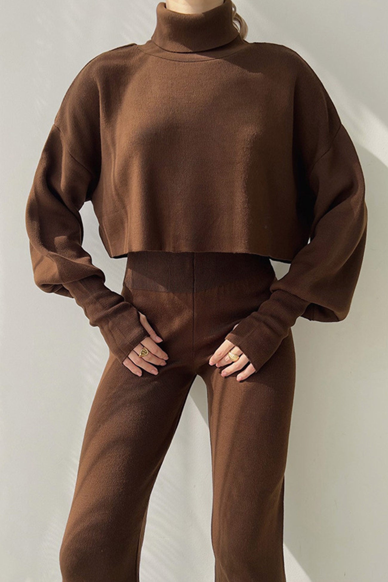 Maxct Solid High Neck Crop Top Long Pants Set