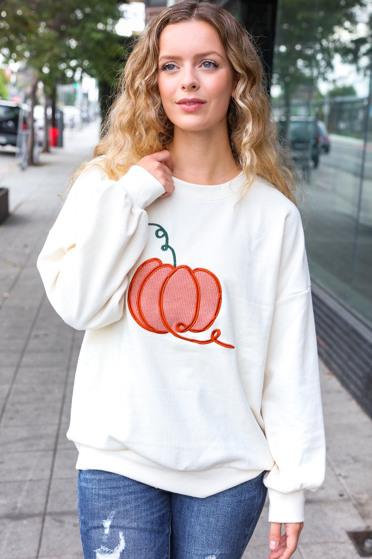 Maxct &Halloween Lovely Ivory Embroidered Pumpkin Knit Sweater