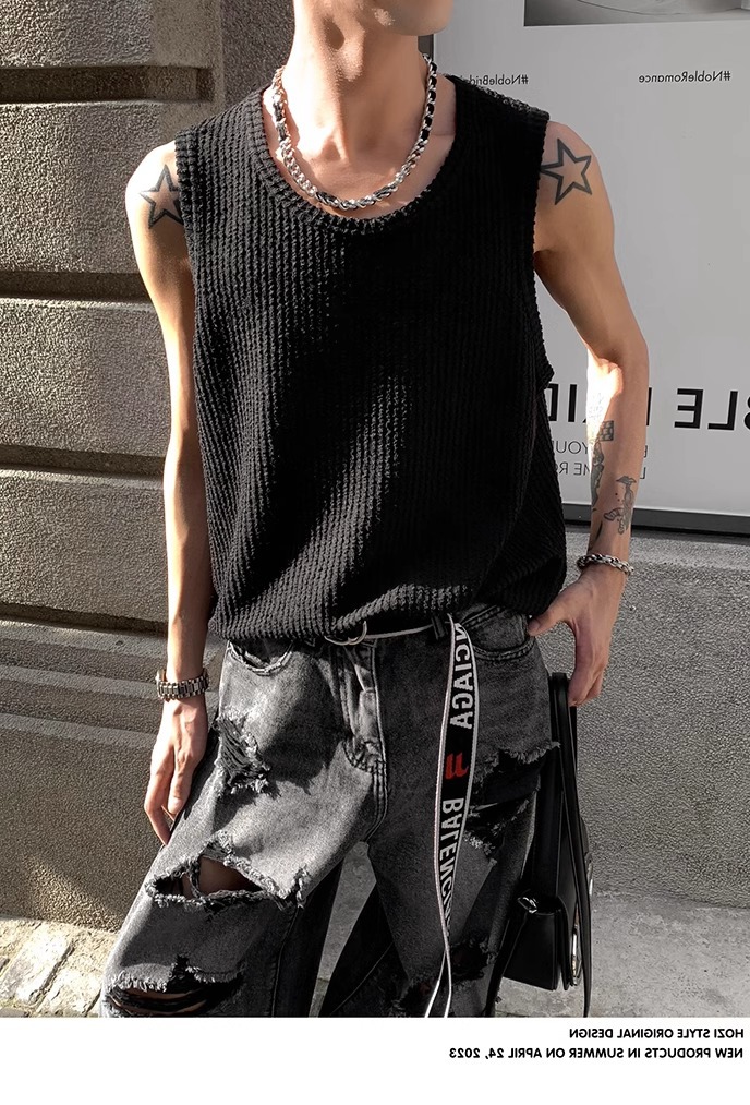 90s Streetwear Solid Color Simple Vertical Stripe Niche Retro Round Neck Vest Men's Summer New Casual All-match Sleeveless T-shirt