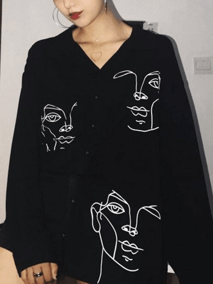 Maxct Abstract Face Print Long Sleeve Blouse