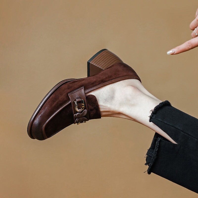 Suede Loafers Block Heel with Butterfly Details Maxct
