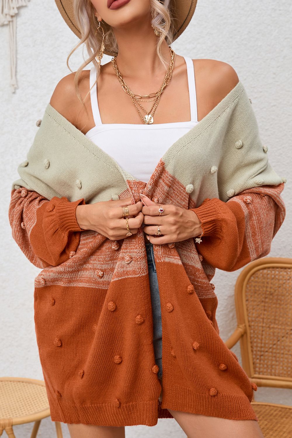 Maxct &Pompom Color Block Open Front Cardigan