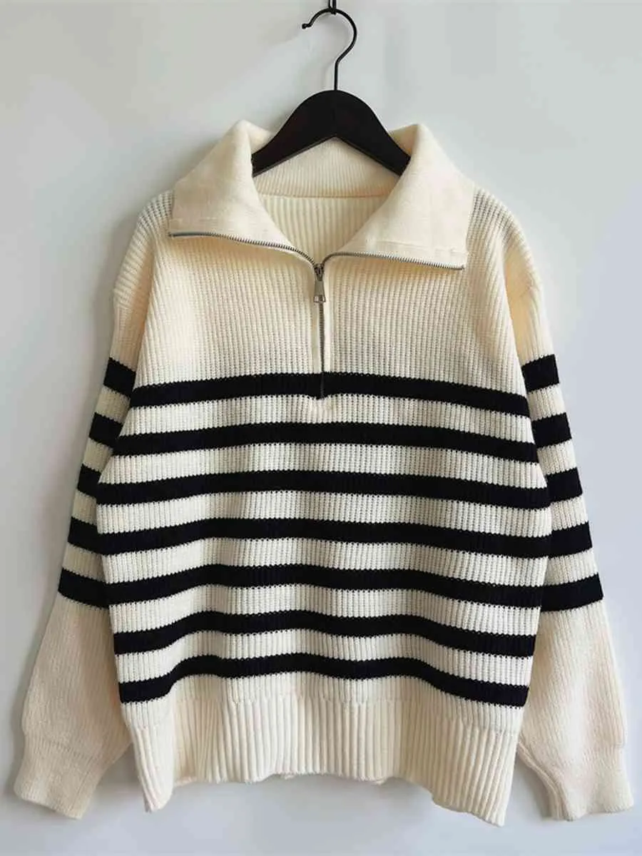 Maxct &Striped Half Zip Collared Sweater