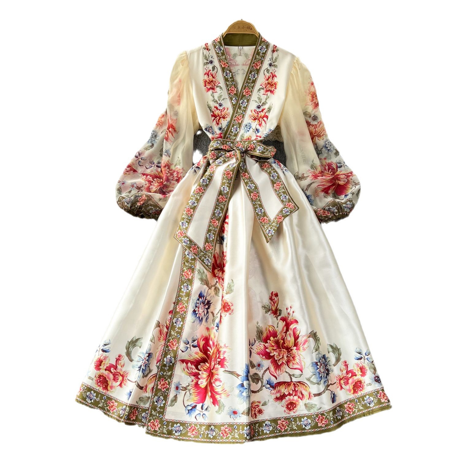 Maxct pop culture dress to impress French Retro Elegant Dress Women's High-Grade Court Style Printed Lace-up Waist-Tight Elegant Dress Long Skirt