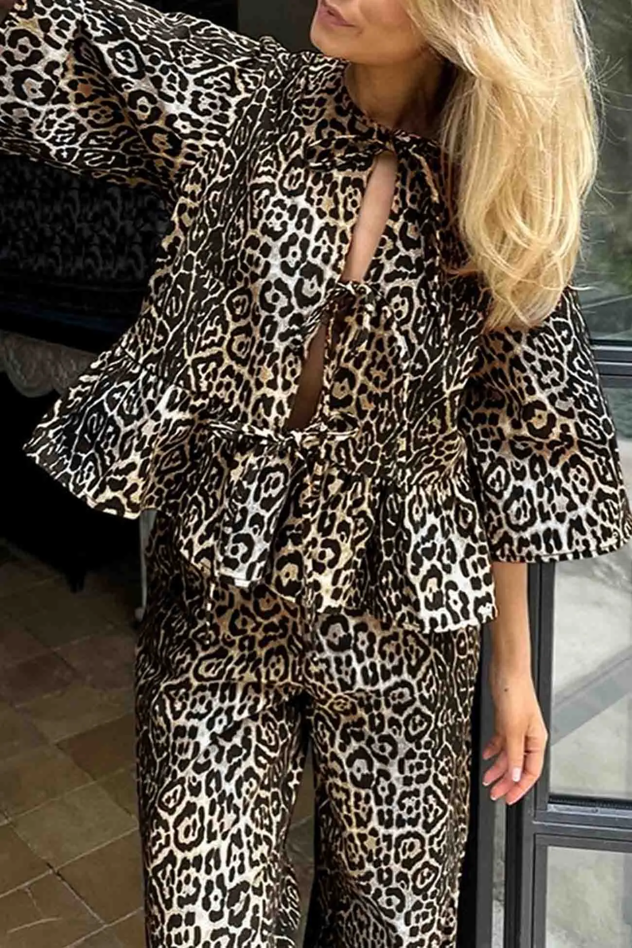 Maxct Leopard Printed Lace Up Long Pants Set