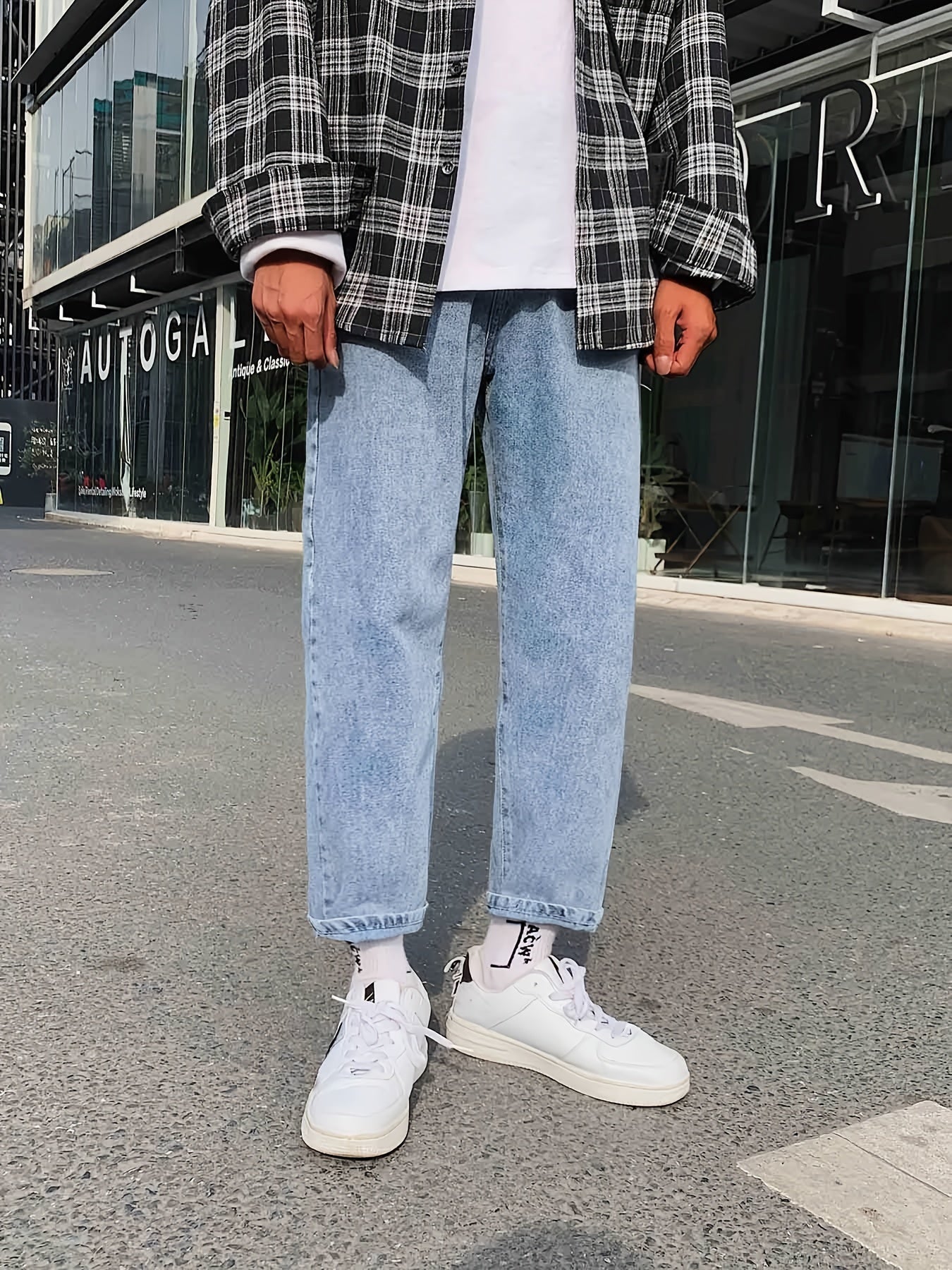 Maxct  Men's Loose Fit Straight Leg Jeans, Street Style Denim Pants With Pockets