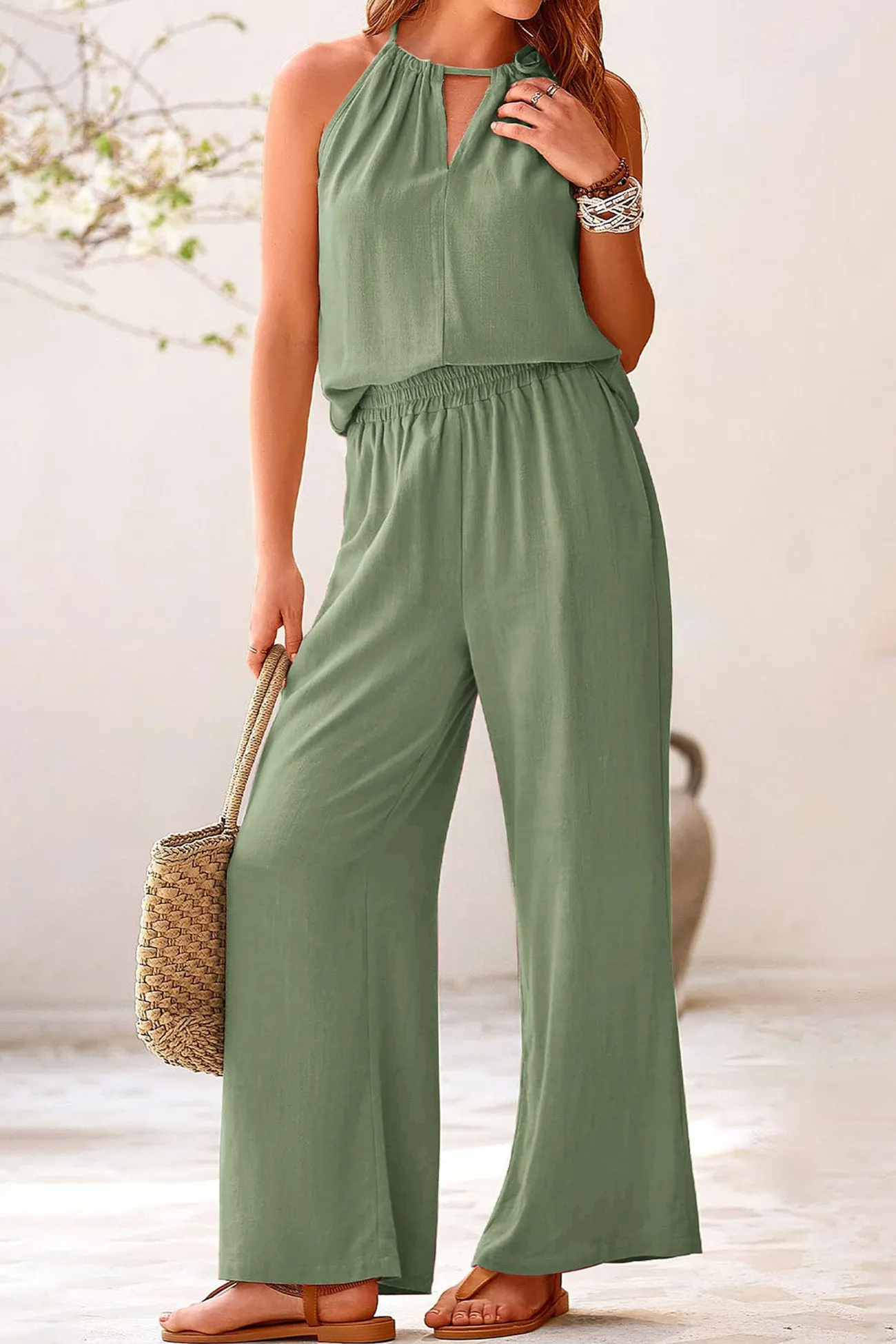 Maxct Cotton Linen Tie-up Tank Pants Suits