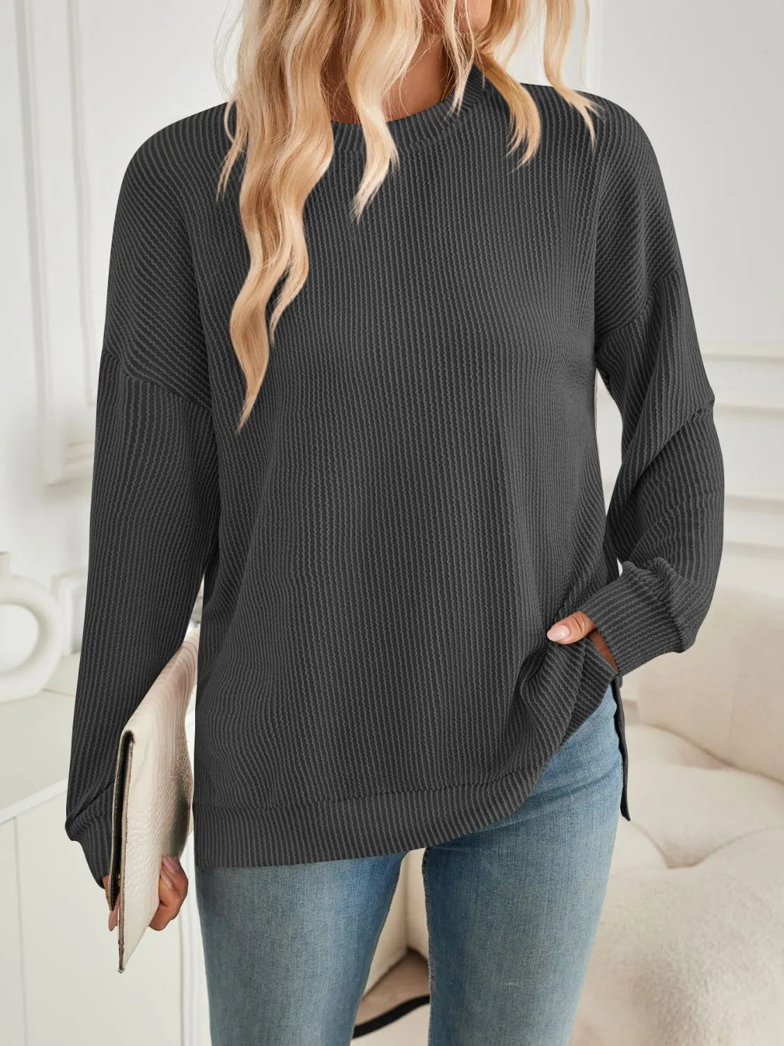 Maxct &Slit Round Neck Long Sleeve Sweatshirt