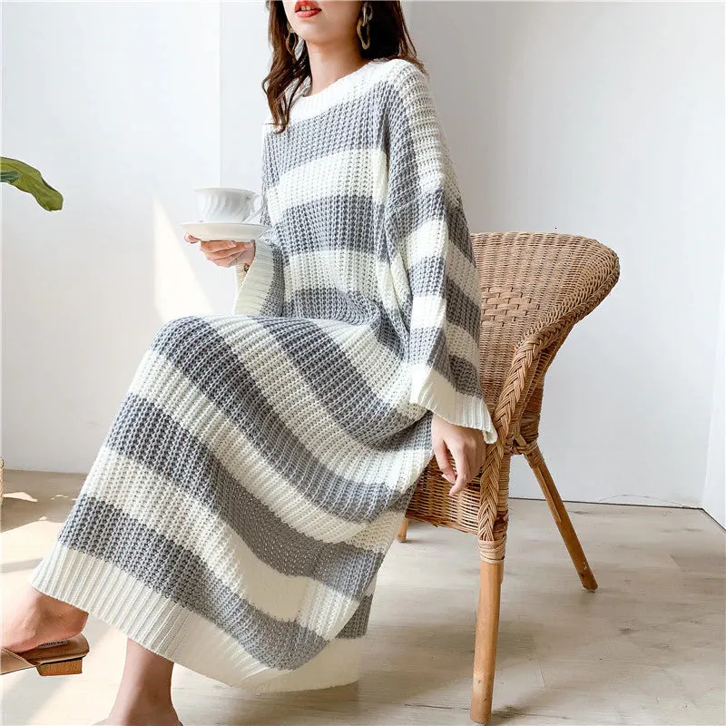 Loose Long Striped Crew Neck Knitted Dress Maxct