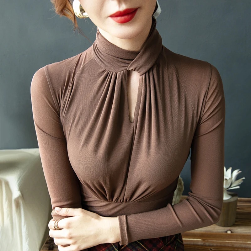 Maxct Mesh T Shirts Women Hollow Out Crossed Turtleneck Full Sleeve Tops Tees Lady Autumn High Stretchy Folds TShirt