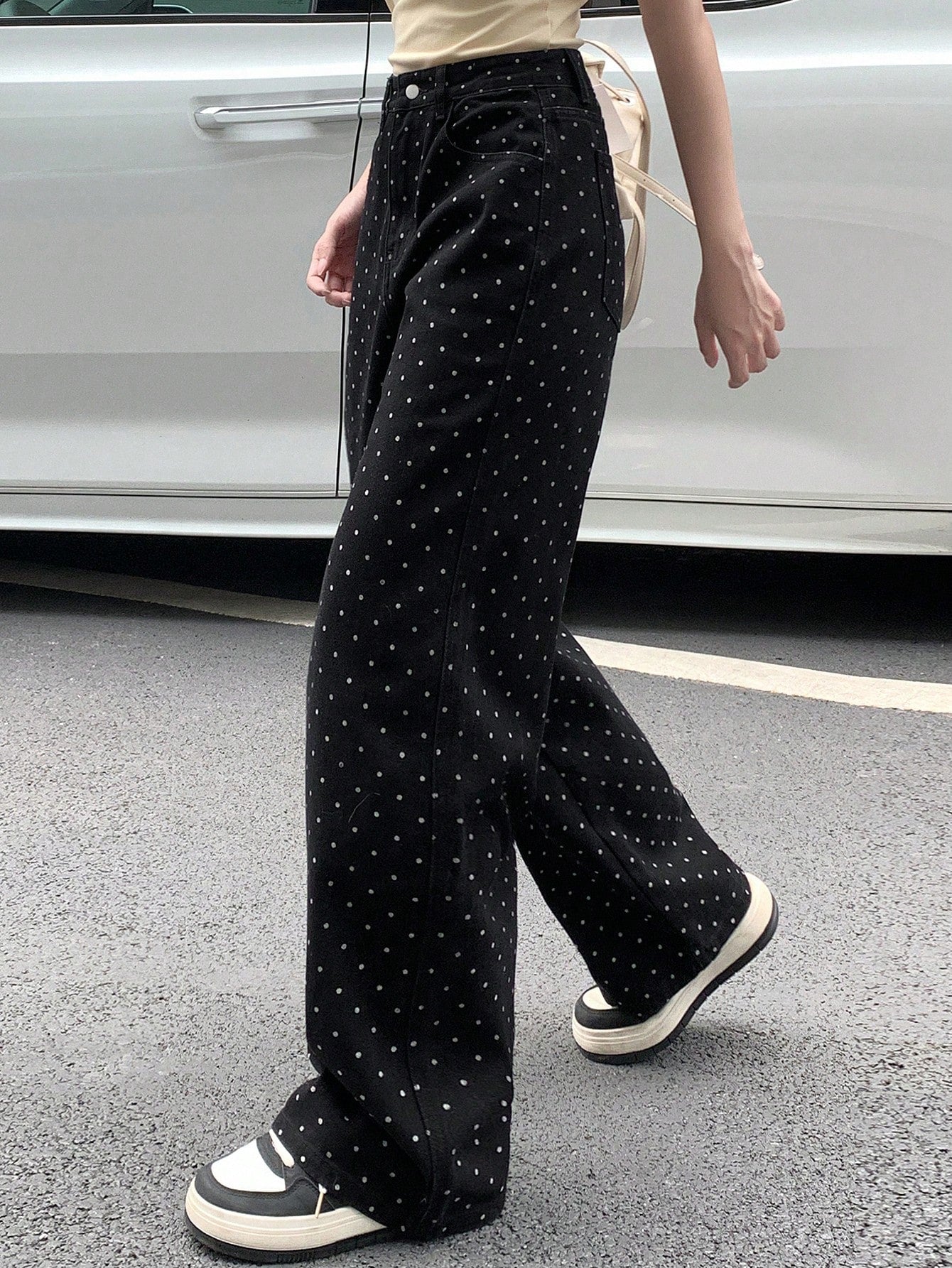 Maxct Women's Polka Dot Printed Wide Leg Loose Casual Denim Pants With Pockets