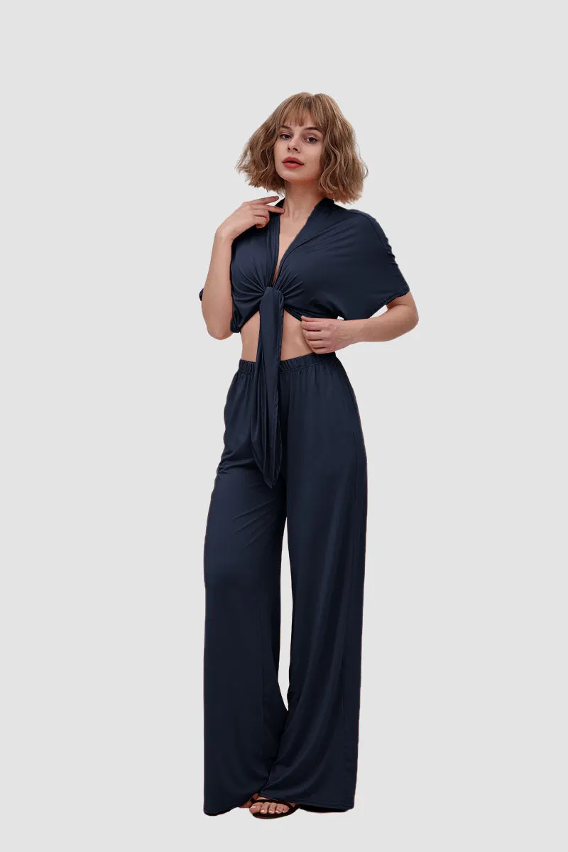 Maxct Deep V-neck Top & Elastic Wide Leg Pants