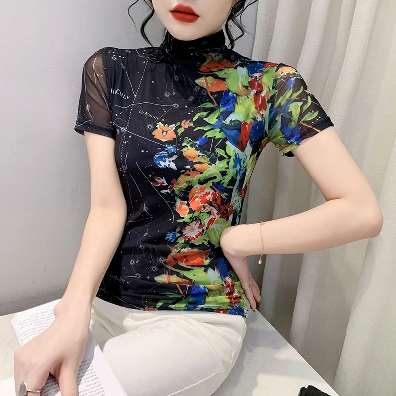 Maxct Printed Mesh T Shirt Women Short Sleeve Turtleneck TShirts Lady Basic High Stretch Tops Tees
