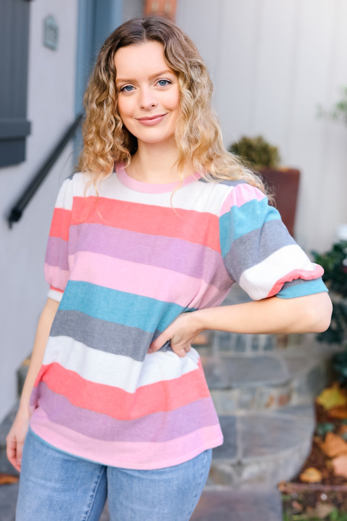 Maxct &Look Out Teal & Rose Striped Hacci Knit Puff Sleeve Top