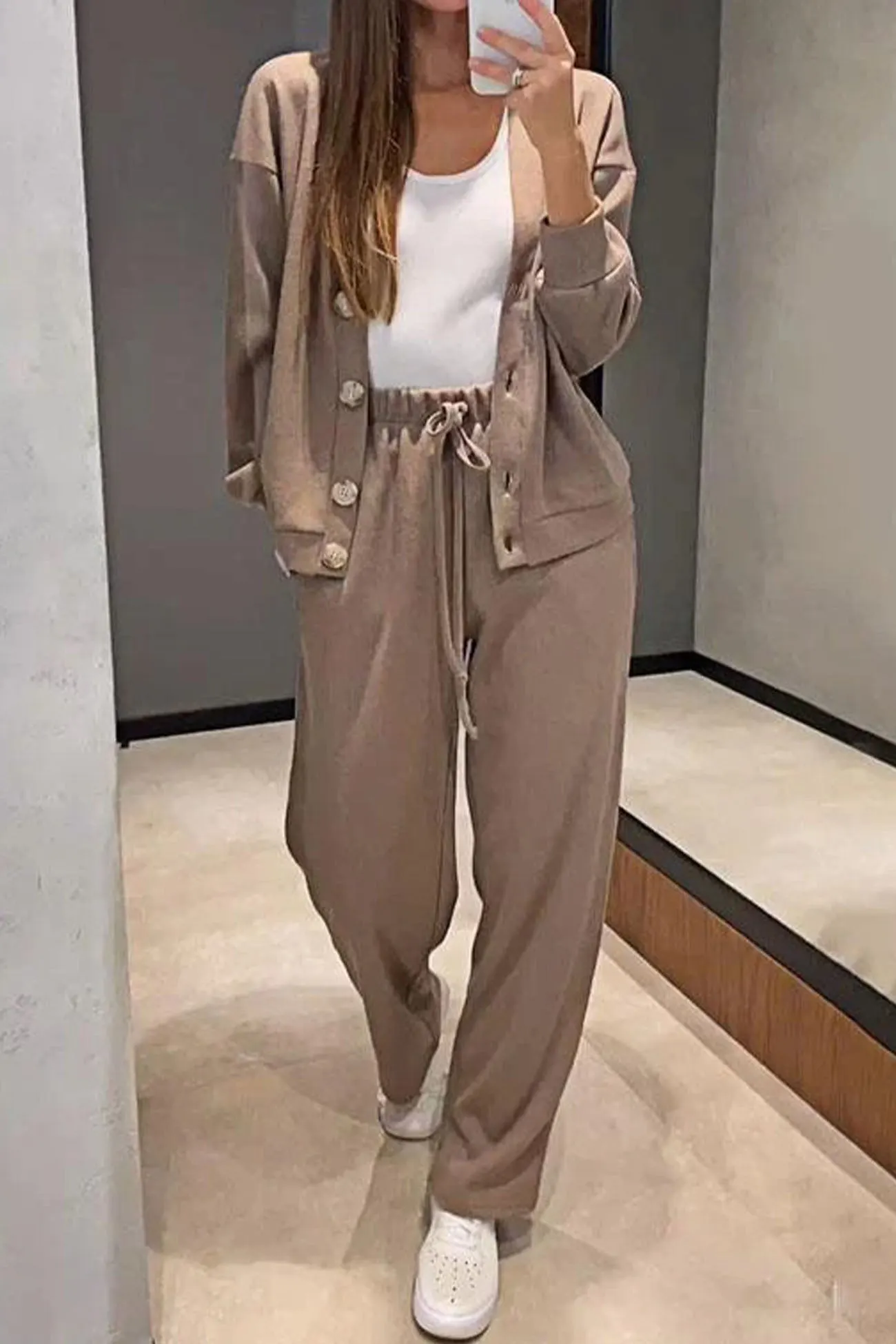 Maxct Solid Color Button Down Cardigan Long Pants Set