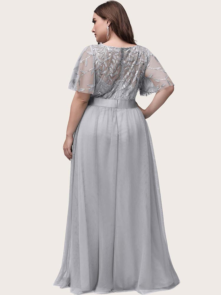 Leaf Sequin Bodice Mesh Party Dress Maxct