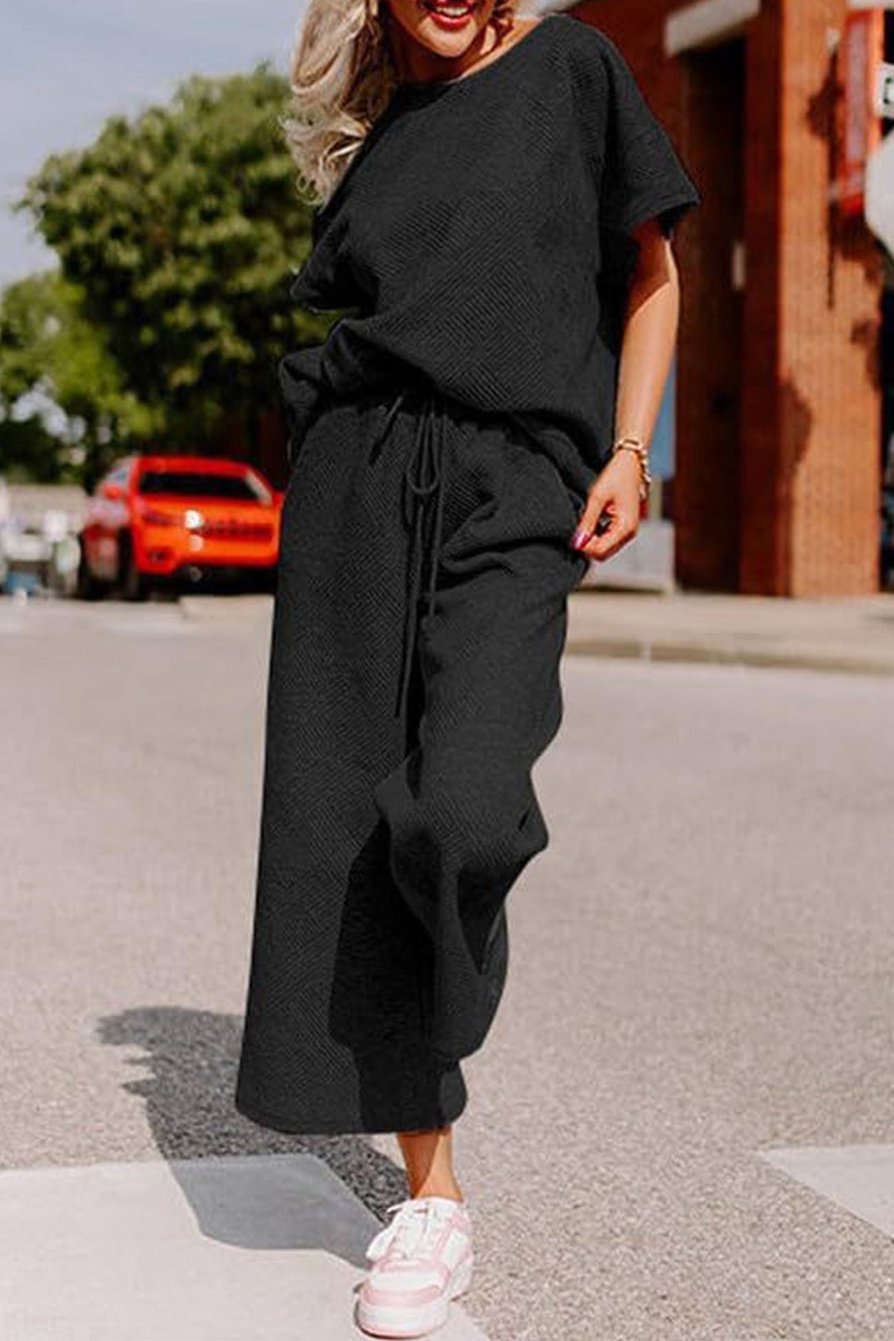 Maxct Solid Textured T-shirt Long Pants Set