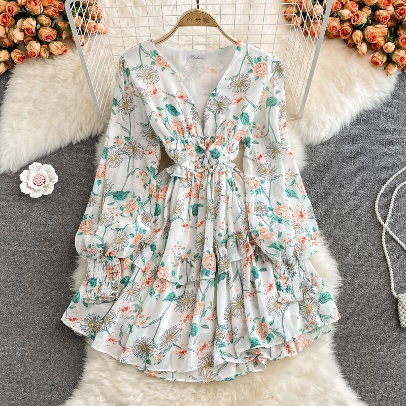 Women's Green/Purple/Beige Floral Chiffon Dress Bohemian V-Neck Lantern Long Sleeve High Waist Ruffle Vestidos Female New