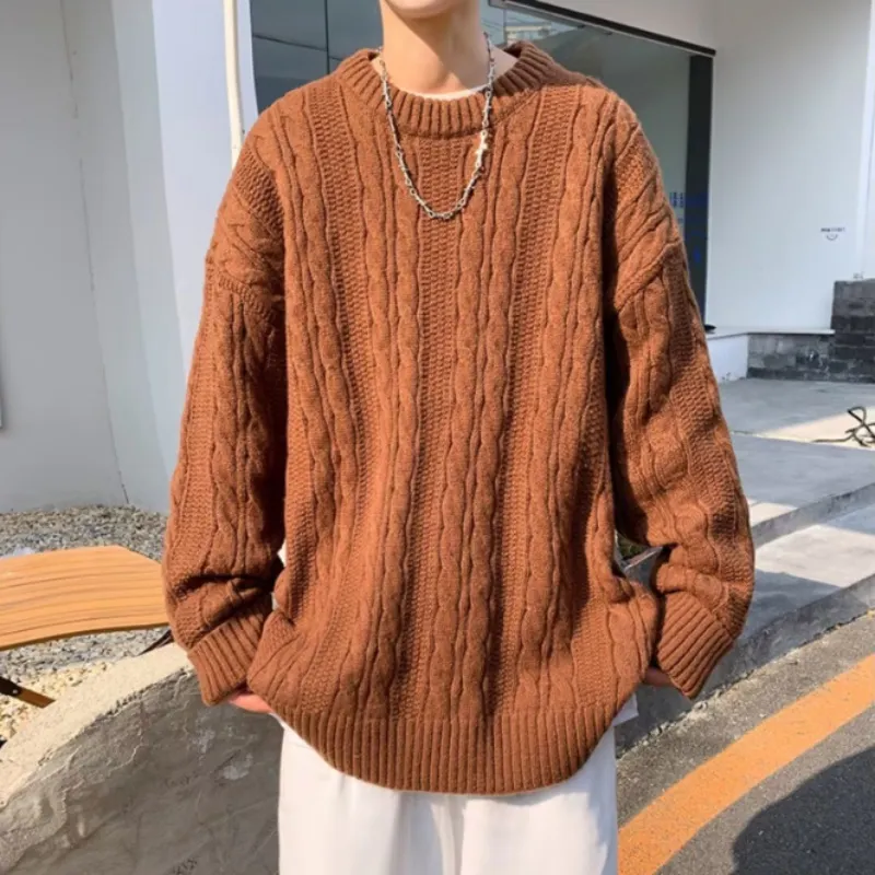 Maxct Pullover sweater men autumn winter pure color simple retro crewneck sweater lazy wind twist thread coat