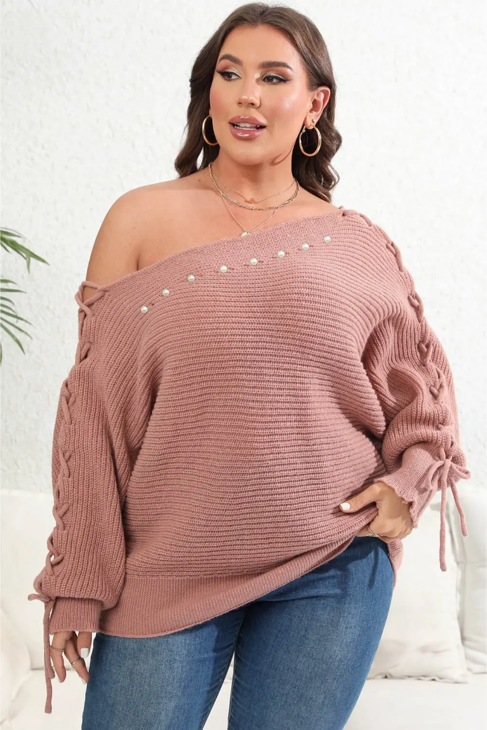 Maxct &Plus Size One Shoulder Beaded Sweater