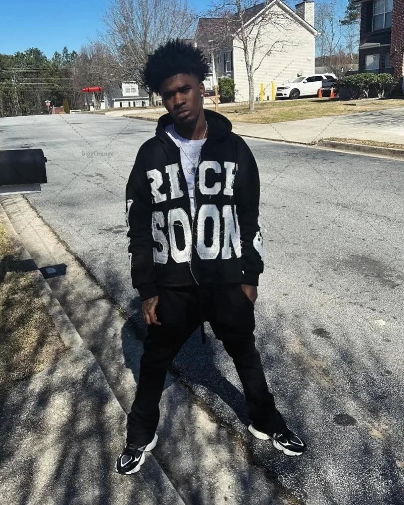 Maxct 90s Streetwear Colorful Letter Embroidered Sweatshirt European and American Trendy Brand Punk Oversized Hoodie Men Hip-hop Street Casual Jacket