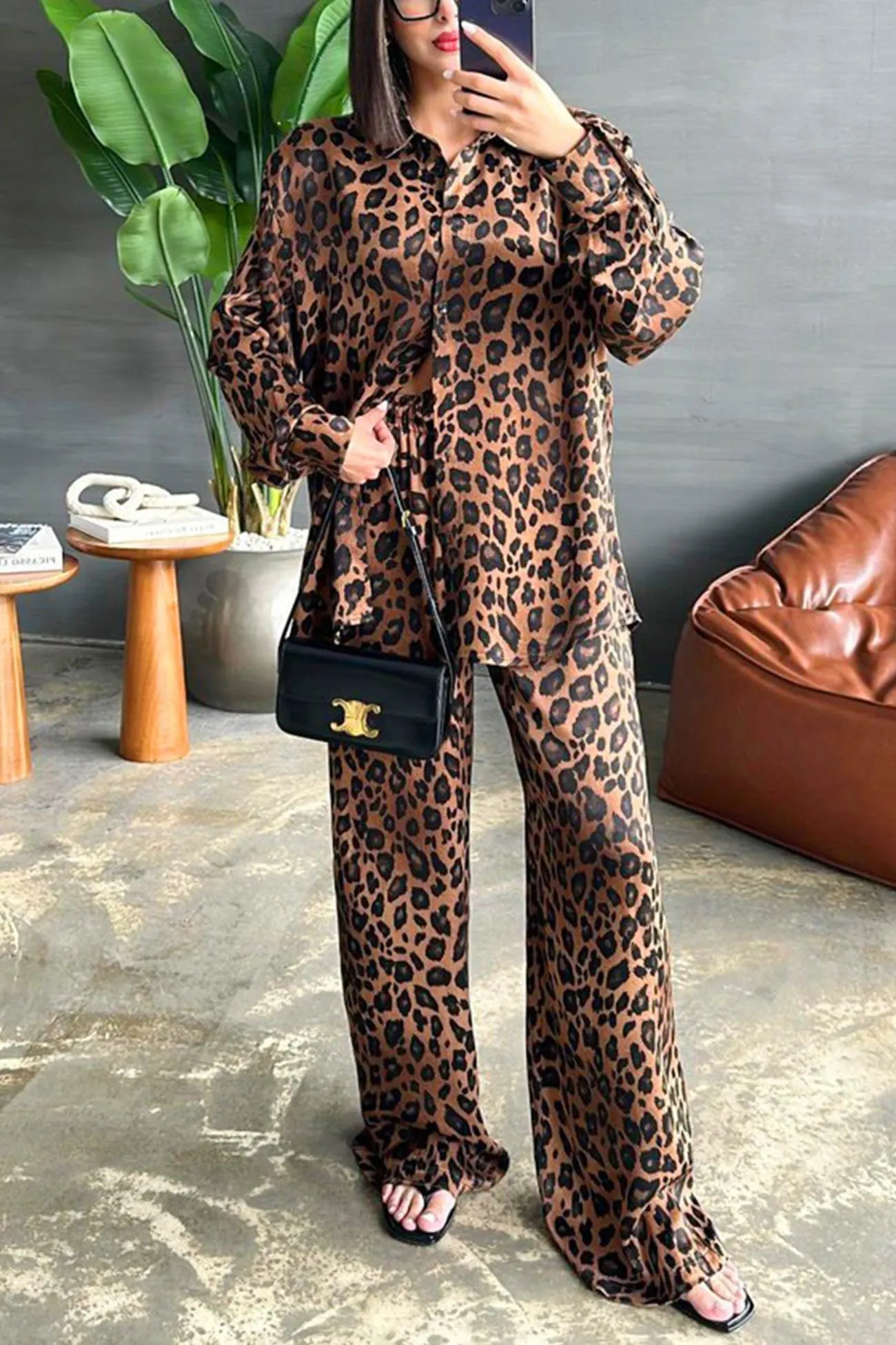 Maxct Leopard Print Long Sleeve Blouse Set