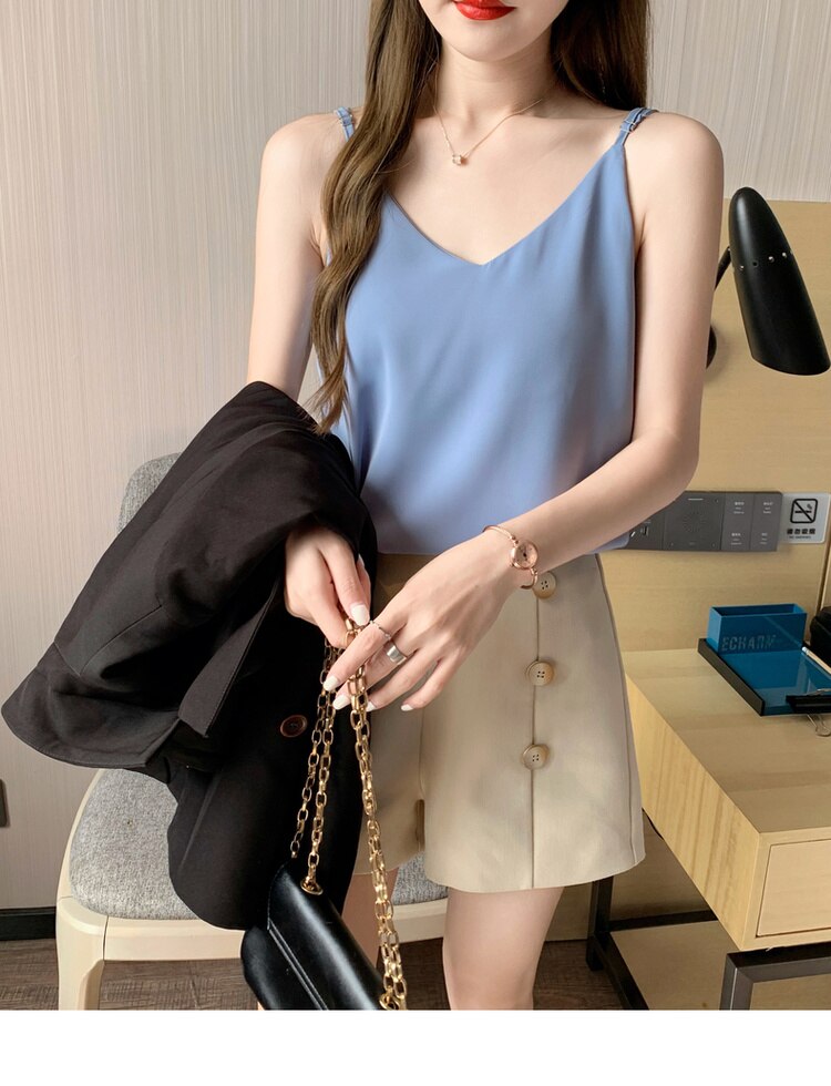 Maxct Chiffon Camisole Female V Neck Plain Loose Camis Tops With Adjustable Straps