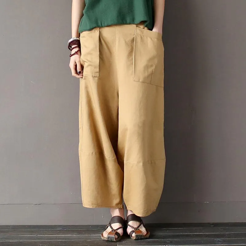 Cotton Linen Elastic Waist Pants With Pockets