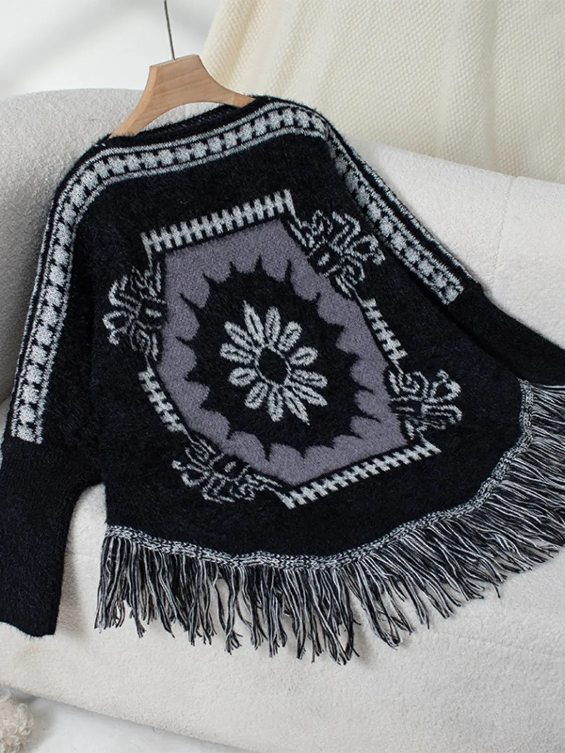 Maxct &Fringe Geometric Long Sleeve Poncho