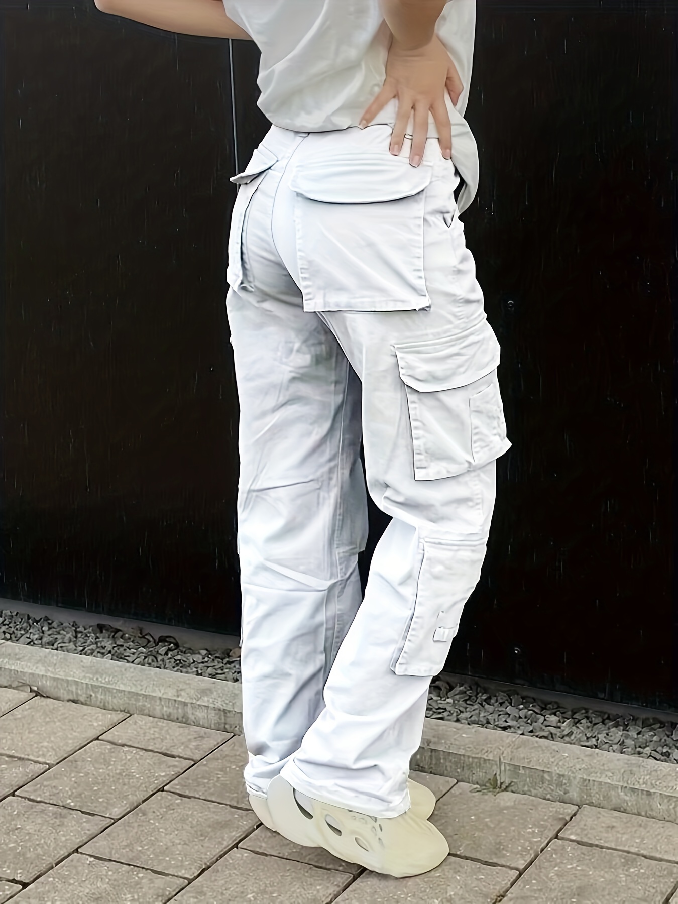 Plain High Rise Cargo Denim Pants, Loose Solid Color Retro Cargo Jeans, Street Casual Style, Women's Denim Jeans & Clothing