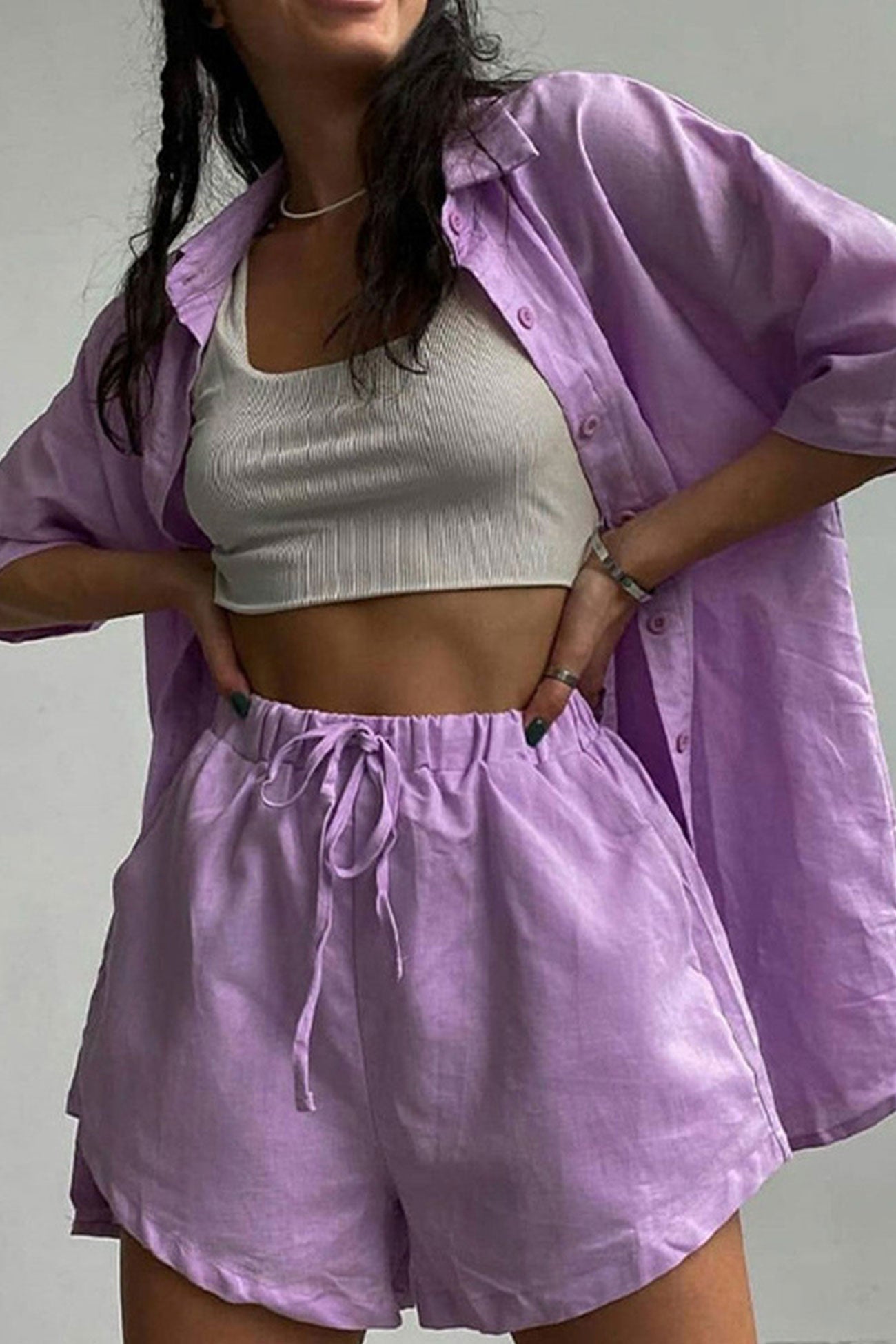 Maxct Solid Short Sleeve Shirt Drawstring Shorts Suits