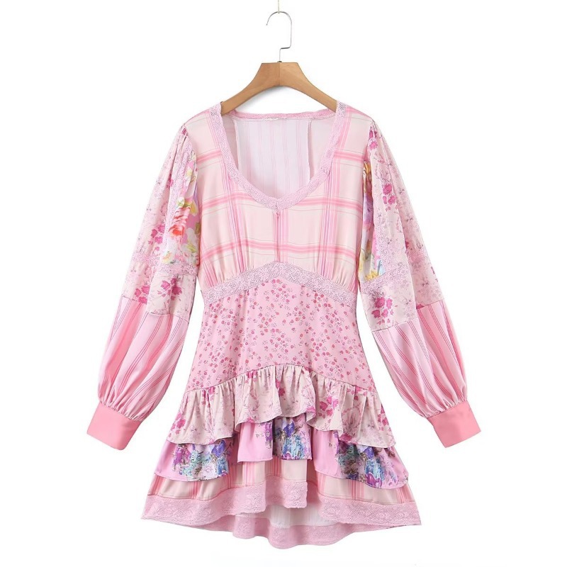 Inspired crochet-trimmed floral print cotton mini dress wrap-like summer dress cute V-neck short sleeve party dress women