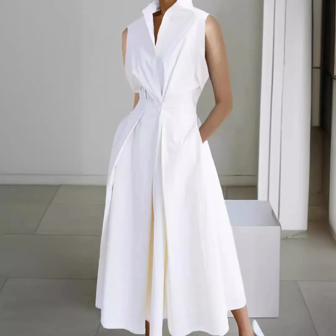 Maxct Dress 2024 Summer New Commuter Fashion Solid Color V-neck Women's Button Swing Dress