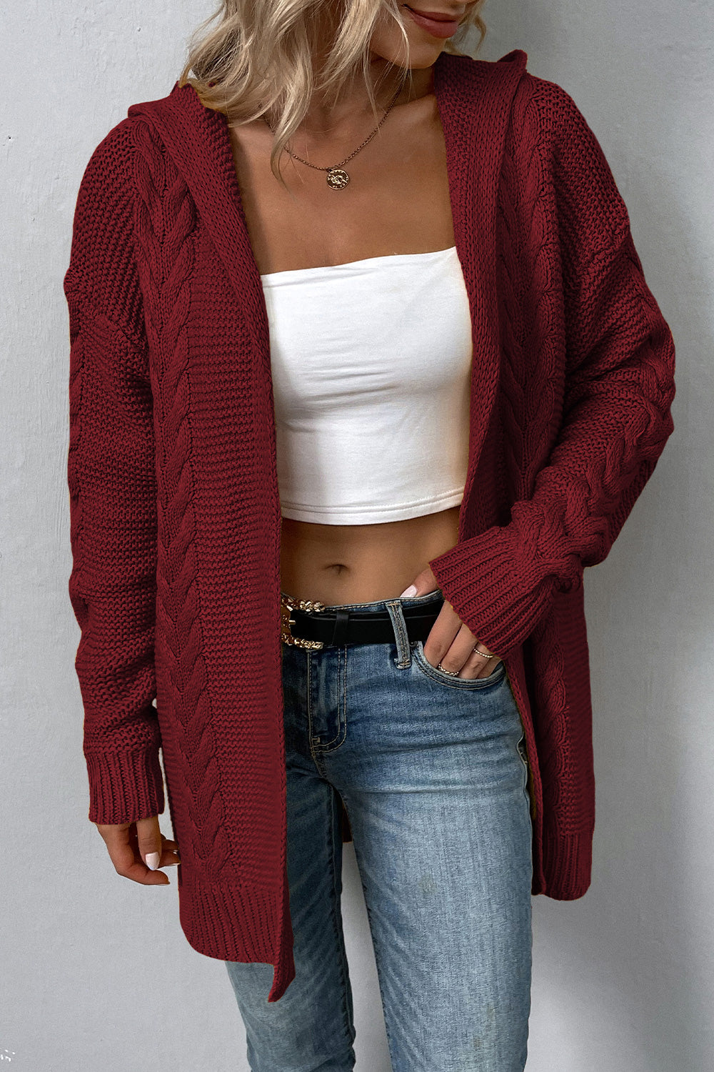Maxct &Cable-Knit Dropped Shoulder Hooded Cardigan