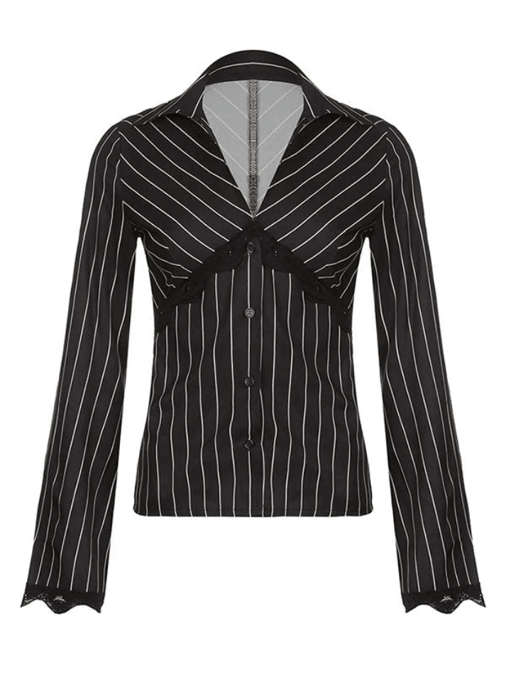 Maxct Lace Paneled Long Sleeve Striped Blouse