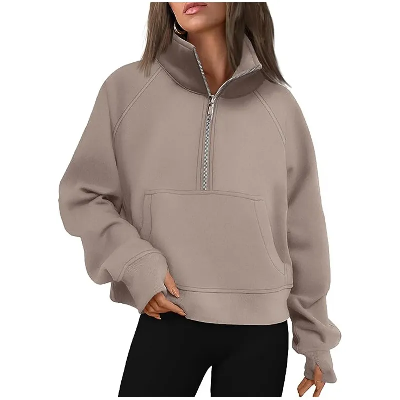 Casual Half Zipper Plush Hoodies Women Loose Solid Lapel Pockets Sweat Shirt Female Autumn Chic Warm Sports Yoga Outwear