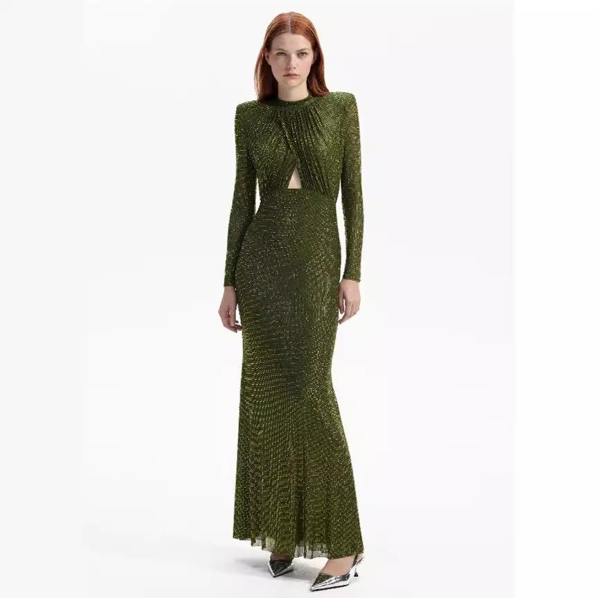 Maxct New Heavy Industry Hot Drilling Dress Women's Folded Bag Hip Long Skirt Long High-end Spring And Summer