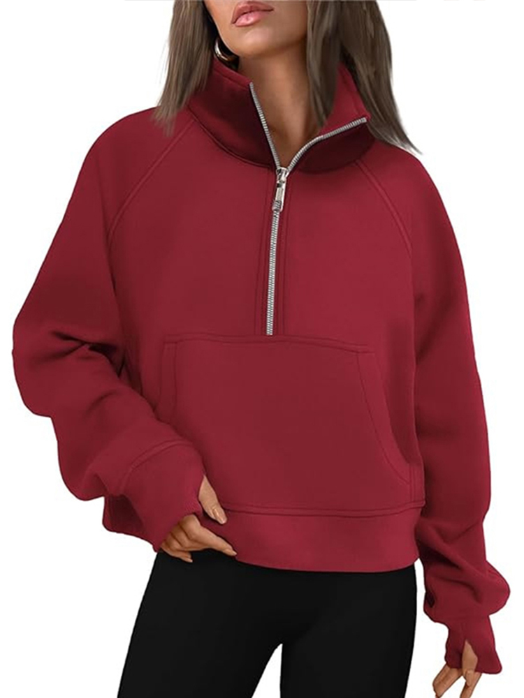 Maxct Casual Half Zipper Plush Hoodies Women Loose Solid Lapel Pockets Sweat Shirt Female Autumn Chic Warm Sports Yoga Outwear