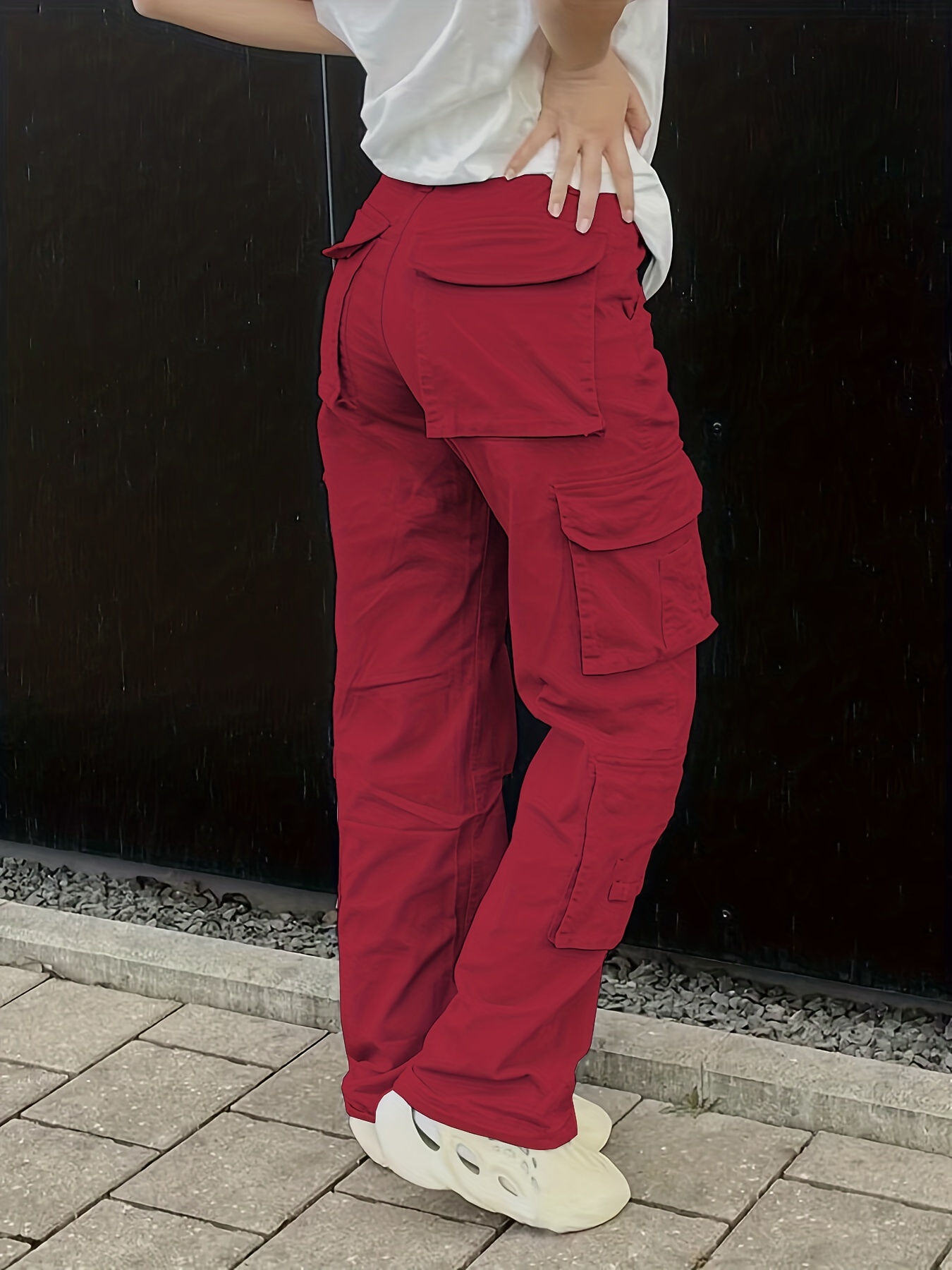 Plain High Rise Cargo Denim Pants, Loose Solid Color Retro Cargo Jeans, Street Casual Style, Women's Denim Jeans & Clothing