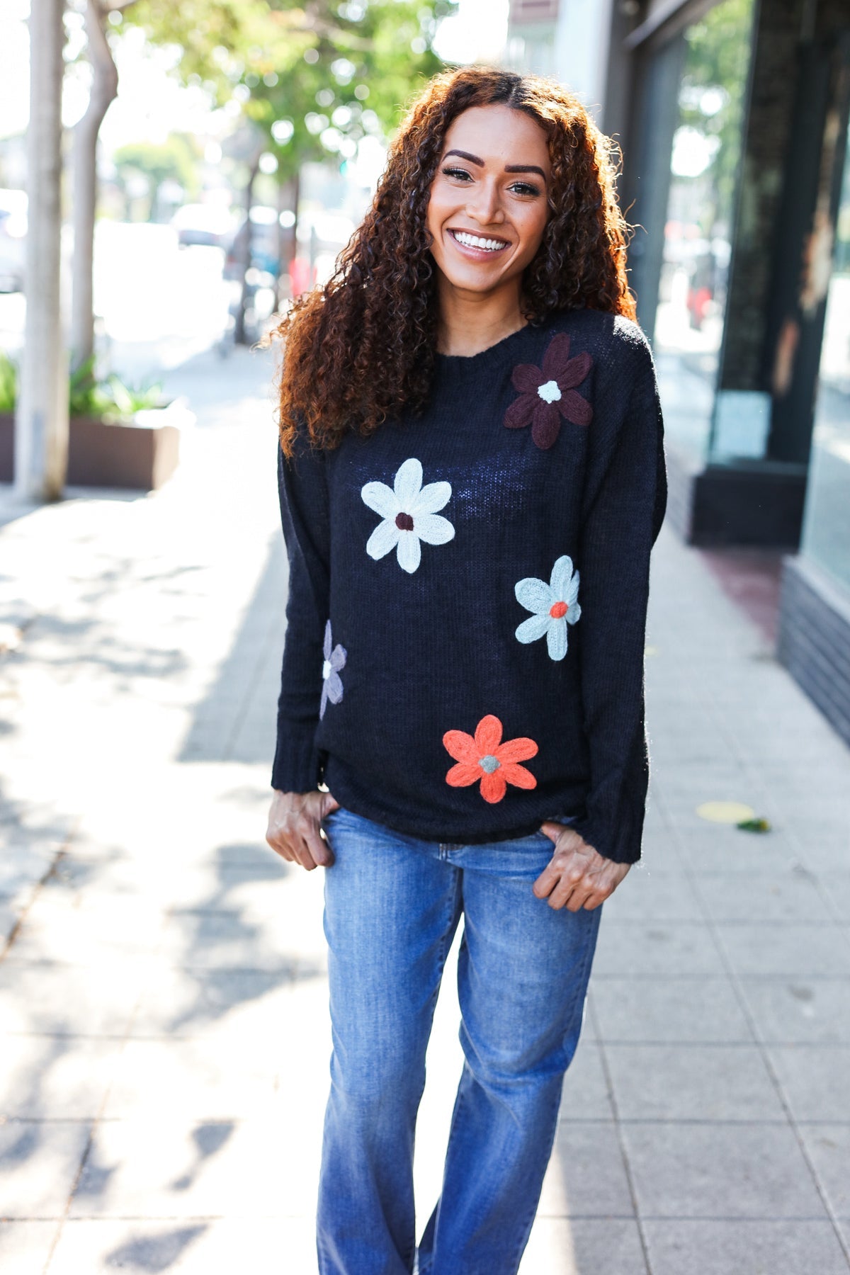 Maxct &Eyes On You Black Flower Patch Oversized Knit Sweater